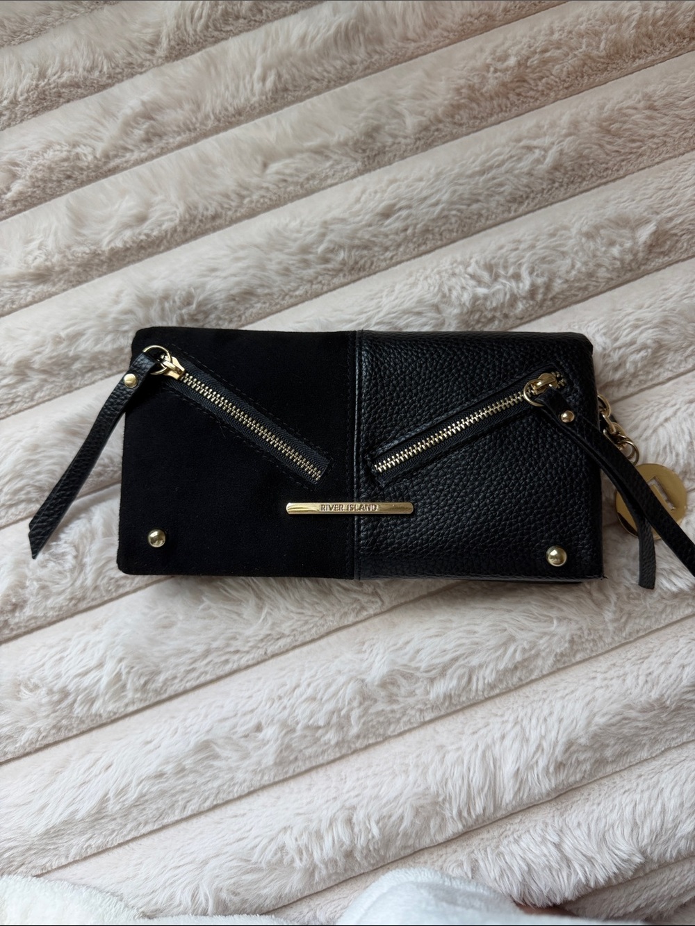 New River Island Black Leather Suede Gold Zip Wallet with Snake Skin Interior